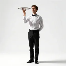 towering waiter with serving tray, high detail digital art, full body, standing, isolated on a pure white background, centered, whole figure in frame, sharp focus, studio lighting