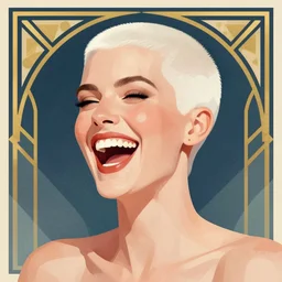 illustration portrait of a woman with white buzzcut laughing out loud, art deco painting by tom whalen, by tomer hanukam funny meme photo, trending on behance, digital illustration, storybook illustration, grainy texture, flat shading, vector art, airbrush, pastel, watercolor, poster