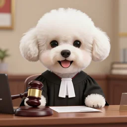 a closeup photorealistic illustration of a smiling bichon frise judge wearing a black gown with a gavel at the bench. this 4 k hd image is trending on artstation, featured on behance, well - rendered, extra crisp, features intricate detail and the style of unreal engine.
