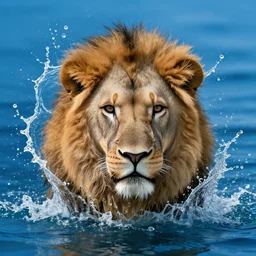 a male lion's face breaching through a wall of water, headshot, water sprites, splashing, deep blue ocean, highly detailed, realistic digital art, trending on artstation
