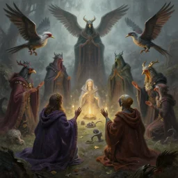 masterful fantastic realist painting of the enchanted summoning rituals of unusual moody birds wearing cloaks, exotic avian wizardry, weird perspective, digital painting trending on artstation, volumetric lighting and mist, hyperrealistic, octane render