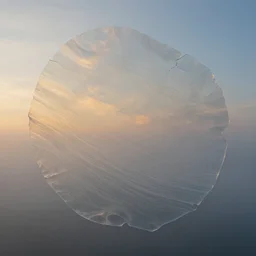 7 0 mm photograph of vellum and mesoglea - translucent layers ambiently occluding and striating, forming a detailed blurry silica colloid sculptural recreation of the skies from roger dean's paintings emerging from the mist, cracking into smooth floating pieces dappled in polarized sunrise light, cinematic, 8 k