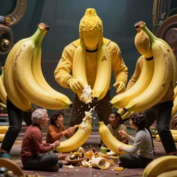 giant monsters made of bananas eating people star trek, film still from a movie directed by Denis Villeneuve  with art direction by Salvador Dalí, wide lens