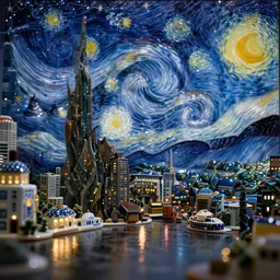 A porcelain city model at a starry night, city led lights, tilt shift, high contrast, reflections, pristine quality wallpaper