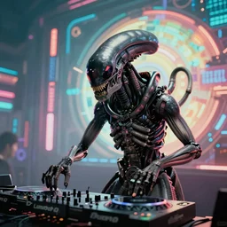 Still film of xenomorph playing dj with tomorrowland background, digital art, intricate, 4k, colourful