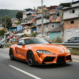 toyota supra speeding through a crowded favela