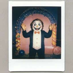 color Polaroid of candy man smiling in candy land ,creepy pasta