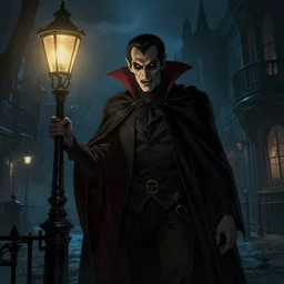 A vampire lurks in the shadows of Victorian city in the night, illuminated by gas lamps, hyperdetailed, HD artwork from Artstation, by Greg Rutkowski and Gustav Klint