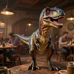 velociraptor taking a selfie in a crowded tavern, anatomically correct, dof, Arnold Render, intricately detailed, 8k