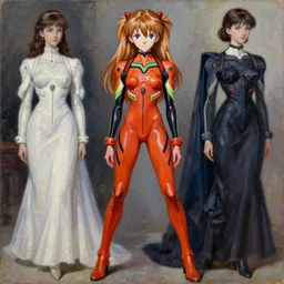 hyperrealism mixed with classicism, oil painting of asuka langley's costume from evangelion haute couture fashion reinterpretation