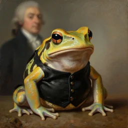 an anthropomorphic amazon milk frog wearing a black buttoned waistcoat, an american romanticism painting by john trumbull, a portrait painting, cgsociety, soft focus, oil on canvas