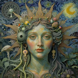 detailed beautiful sun goddess face portrait by jean delville, ellen jewett, iris van herpen and james jean, art forms of nature by ernst haeckel, art nouveau, symbolist, visionary, gothic, fractal lace, intricate alien botanicals, ai biodiversity, surreality, van gogh, hyperdetailed ultrasharp octane render
