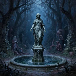 gothic garden, perspective view, statue, fountain, darkness, evil, creepy, science, 1 9 century, hard atmosphere, lovercraft, insmouth, tentacles, artwork, paint, blue tones, detailed, by bastien lecouffe deharme, by jeremy mann, by alexander fedosav