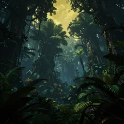 a beautiful render of a dark prehistoric cloud forest, lush flora, patches of yellow sky, dark green leaves, blue shadows, intricate detail, hazy, humid, volumetric lighting, 8 k, photorealistic, raytracing effects, unreal engine 5