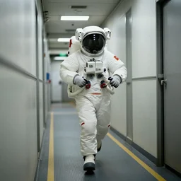 astronaut running along a corridor