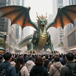 a dragon being looked by a lot of people in a city, photorealistic