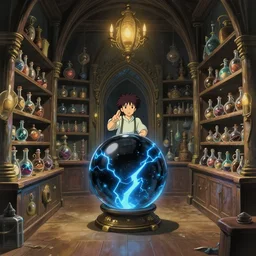 inside a magical item shop, fantasy potion vendor interior, a black crystal ball with blue lightning, studio ghibli studio art style, wide angle, gothic interior