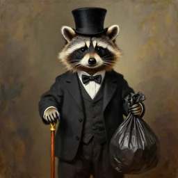 A raccoon wearing formal clothes, wearing a tophap and holding a cane. The raccoon is holding a garbage bag. Oil painting in the style of Rembrandt
