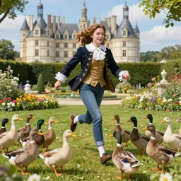 tall polish girl with a 1 6 th century blazer running among a flock of scared ducks in a garden in a french castle. extremely detailed, digital art, vibrant colors, beautiful atmosphere