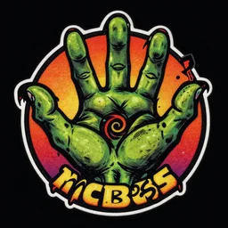 logo design, zombie arms out in front, patch logo, by mcbess, full colour print, gradients, 1 9 5 0 s, high detail spiral design