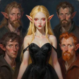 a painting of an female elf wearing a black dress with blonde hair and red eyes. by tooth wu and wlop and beeple and greg rutkowski. trending on artstation, highly detailed, volumetric lightning