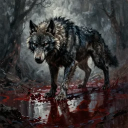 bloodborne werewolf oil painting, horror, lovecraftian horror, bloody, pools of blood, reflecting