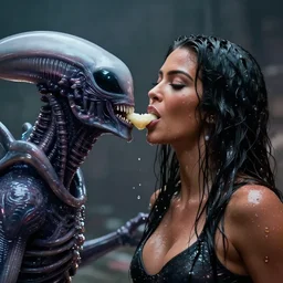 film still of kim kardashian being mouth fed by an xenomorph slathered in a transparent alien liquid, wet flowing hair, gooey skin, illustration, unreal engine 5, 8 k, directed by h. r. giger.