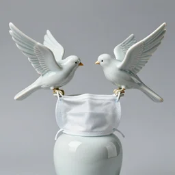 two ceramic birds fighting over a facemask that is hanging on a vase could possibly serve