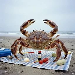 washed out 1 9 6 7 kodachrome photo of a giant crab disrupting a picnic on a beach