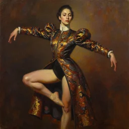 detailed portrait in strong femininity, ethnic, realistic face sculpted features, statuesque model, pirouette, plie, modern fashion, flared regal long brocade jacket, high starched collar, warm glow, supple, bathed in light, chiaroscuro, specular highlights, angular impressionism, radiosity, deep rich tones, contemporary art, oil on canvas