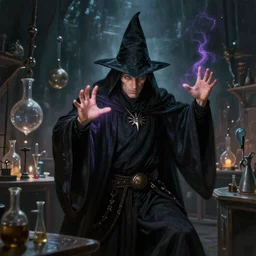beautiful painting of a dark wizard casting a spell, alchemist lab, hyperrealistic, cinematic atmosphere, high definition, epic