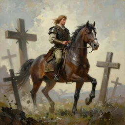 a painting of a man on a horse surrounded by crosses, concept art by Peter Mohrbacher, cgsociety contest winner, fantasy art, artstation hd, concept art, artstation hq