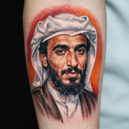 tattoo of osama bin laden, red, orange, and white ink, detailed, hyperrealistic trending on artstation