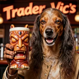a closeup photorealistic photograph of happy snoop dogg at trader vic's bar holding up a trader vic's tiki mug featuring the face of snoop dogg. brightly lit scene. this 4 k hd image is trending on artstation, featured on behance, well - rendered, extra crisp, features intricate detail, epic composition and the style of unreal engine.