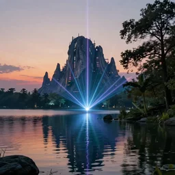 nature by jean - baptiste - camille corot, apocalyptic cyberpunk lake at dusk atlantis futuristic myst laser, archdaily, wallpaper, highly detailed, trending on artstation.