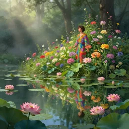groot flowers near a mirror like pond, by alan lee, colorful clothing, springtime flowers and foliage in full bloom, lotus flowers on the water, dark foggy forest background, sunlight filtering through the trees, digital art, art station