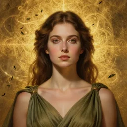 epic painting of beautiful goddess in olive dress with brown hair, golden glowing high quality luxurious background, close up portrait, photography by amy leibowitz, wlop, jeremy lipkin, beeple, intricate golden fractals, tea leaves flying in the sky, symmetrical front portrait, artgerm