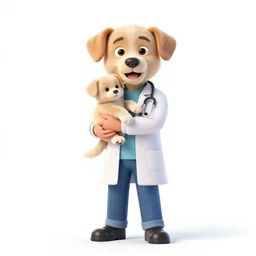 cheerful veterinarian holding a puppy, high detail digital art, full body, standing, isolated on a pure white background, centered, whole figure in frame, sharp focus, studio lighting