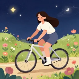 happy beautiful female detailed cartoon image cycling through interstellar flowers field