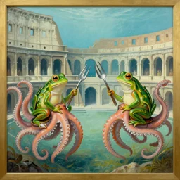 art deco painting of two frogs riding octopi, jousting with forks in an underwater colosseum, detailed, realistic, intricate