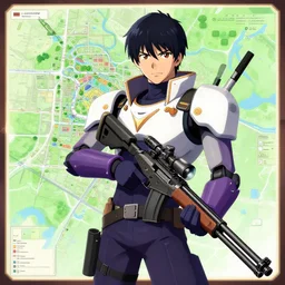 canti the robot from flcl anime, he is holding a valorant style sniper rifle in the map haven holding a heaven.