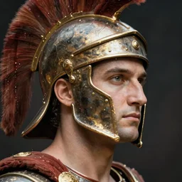 close - up portrait athenian warrior with helmet and armor, art by august sander