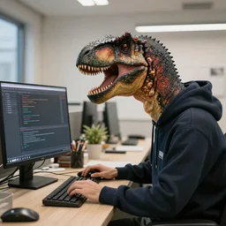 a T-Rex dinosaur programming next to a computer in an office with a hoodie