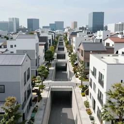 japanese town, neighborhood, modern neighborhood, japanese city, underground city, modern city, tokyo - esque town, 2 0 0 1 anime, cel - shading, compact buildings, art by syd mead