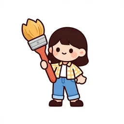classic modern cartoon logo art of a cute girl holding an oversized paintbrush, she's wearing a plaid shirt and blue jeans that i rolled up to her knees, clear background