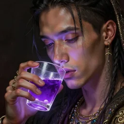 future the rapper holding cup of codeine, accurate details, detailed face, purple liquid in cup glowing, fantasy, dramatic, intricate, elegant, highly detailed, digital painting, artstation, concept art, smooth, sharp focus, illustration, art by Gustave Dore, octane render