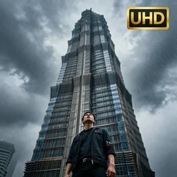 The enormous skyscraper towered before the determined man, even the thunderous downpour of the storm wouldn't stop him from finishing his mission. Intricate details, photo realistic, award winning, dramatic lighting, intricate details, award winning, depth of field, UHD 8K