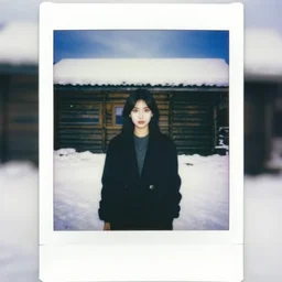 full body polaroid of a young woman with black hair, small nose, plump lips, honey colored eyes and symmetrical face standing in front of a snowy cabin