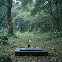 teleportation machine in a quiet and secluded place, with the feeling of being in the middle of nature and the peace and quiet, style of ikebana