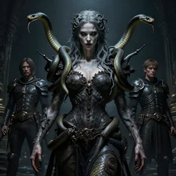 A portrait of a monstrous women with snakes by Greg Rutkowski, Sung Choi, Mitchell Mohrhauser, Maciej Kuciara, Johnson Ting, Maxim Verehin, Peter Konig, Bloodborne, 8k photorealistic, cinematic lighting, HD, high details, dramatic, dark atmosphere, trending on artstation